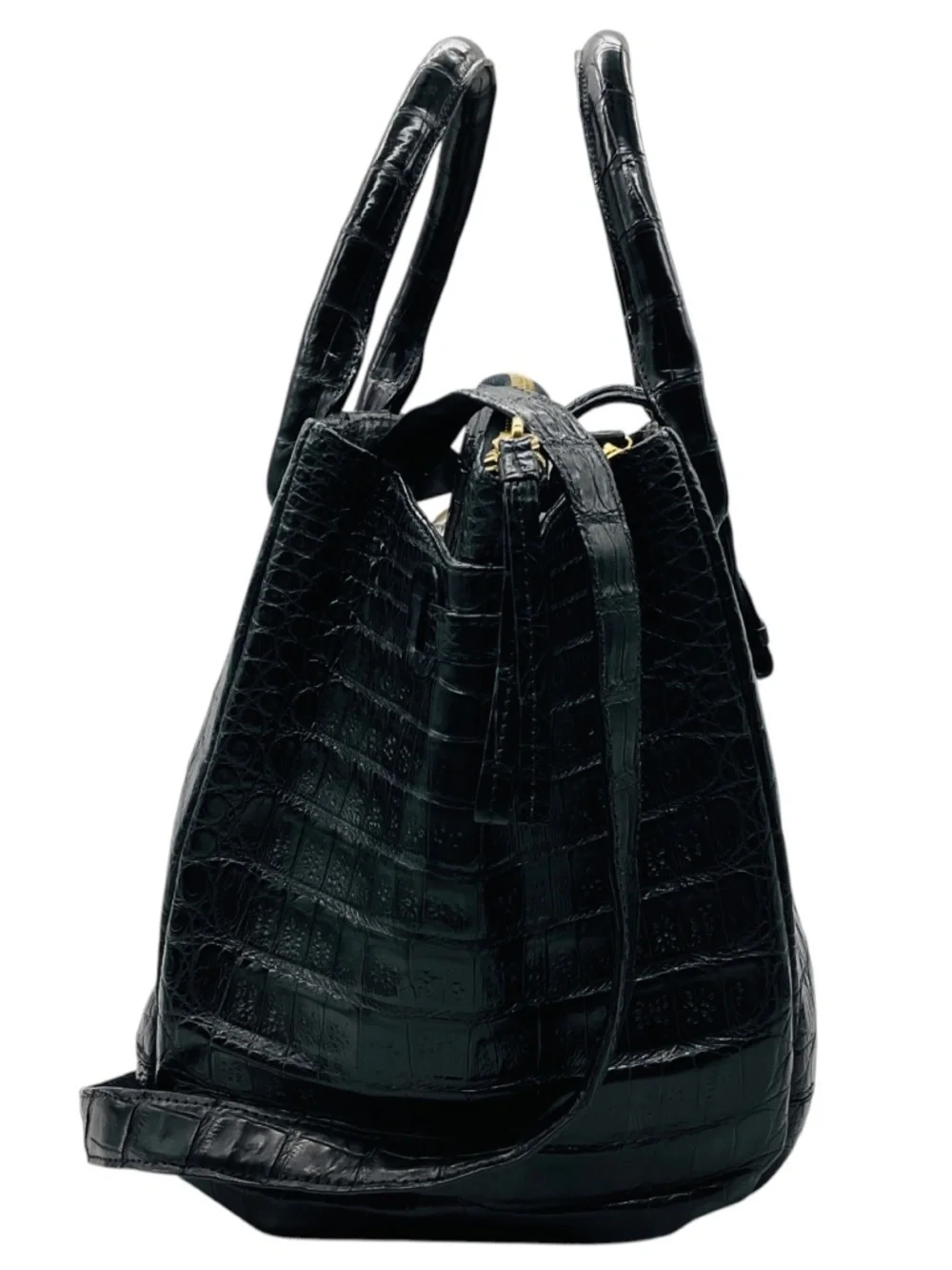 NANCY GONZALEZ BLACK GENUINE CROCODILE DOUBLE TOP HANDLE SATCHEL HANDBAG